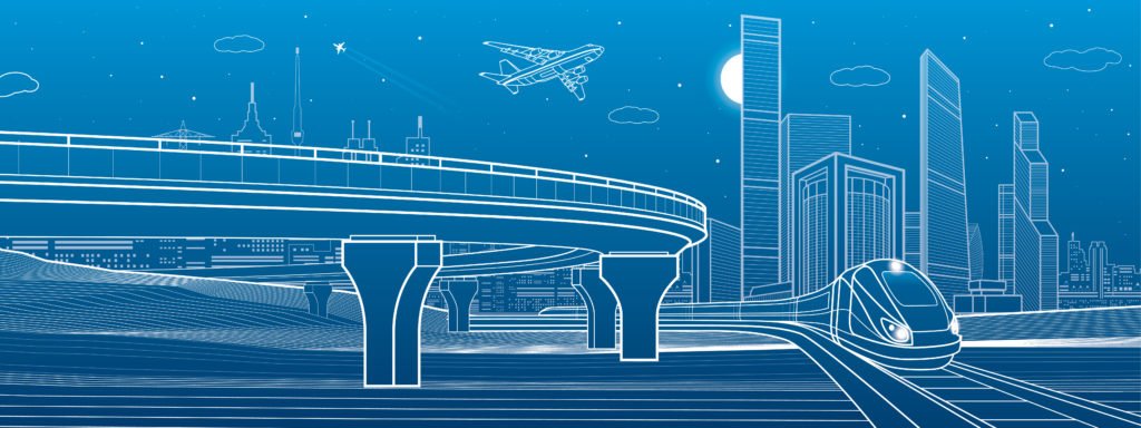 Blue Background of Highway, Building Skyline, Airplane and Train